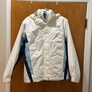 North Face winter coat. White with blue stripes. Worn once.